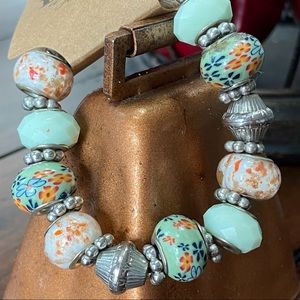 Vintage Lampwork Hand Painted Glass Beaded Flower Bracelet